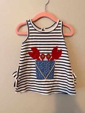 MudPie baby girls Striped Navy & White Sleeveless Kids dress with Red Crab